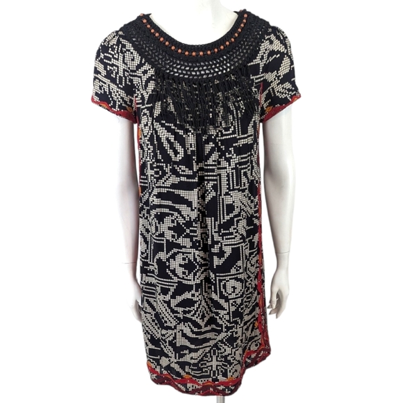 Anthropologie Floreat Macrame Dress Embroidered Tribal Aztec Shift Womens Small - Picture 1 of 13